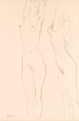 Zwei Nackte, die linke mit erhobenen Armen